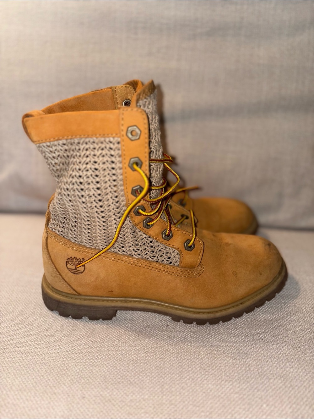 Timberland Wheat Nubuck & Gray Knit Boots with Yellow Laces